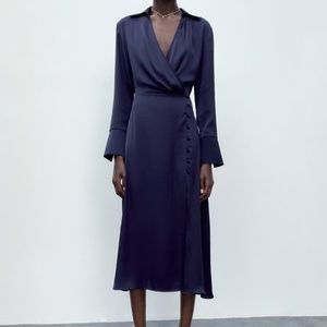 Zara Satin Effect Buttoned Dress - Deep Blue